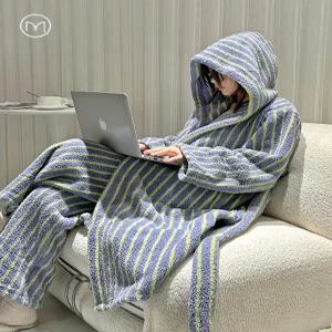 샤워 가운 겨울 극세사 수면잠옷 세트 긴팔 후드 파자마 홈웨어