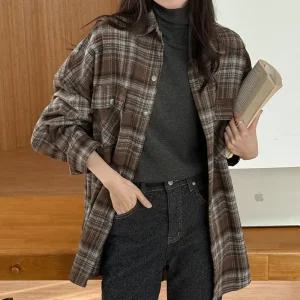 [09초이스] 수납짱 투포켓 루즈핏 체크 버튼 셔츠 자켓 84595 빅사이즈 여성의류