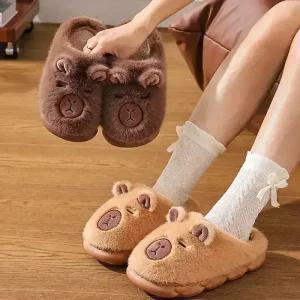 [리브나인] 따뜻한 방한용 귀여운 카피바라 코튼 블로퍼 털 슬리퍼 (220-270mm)
