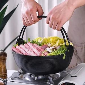 냄비 샤브샤브 무쇠 반영구적 주물 나무뚜껑 전통방식 안정성 요리 법랑 코팅 손잡이 핸들 피크닉