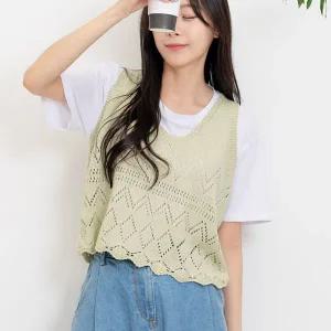 [콩심팥심]러블리 페미닌 물결 포인트 크롭 심플 일상 여성 조끼 20대코디