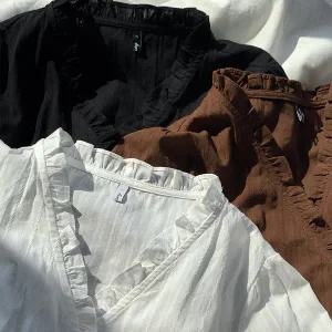 핫핑 [하객룩/레이어드템] 부리또 프릴 자수 랩 퍼프블라우스