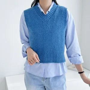 크롭 여성 니트 조끼 브이넥 쪼끼 여자 컬러 베스트