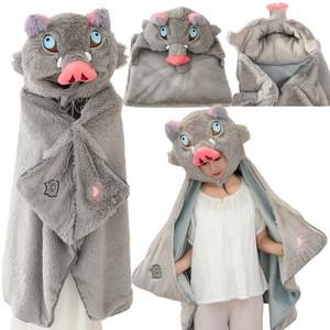 귀멸의 칼날 야생 멧돼지 후드 담요 하시비라 이노스케 따뜻한 플란넬 착용 가능한 편안한 플러시 모자 망