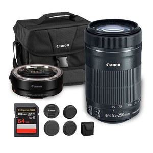 캐논 EF-S 55-250mm f/4-5.6 IS STM 렌즈 | 이미지 안정화 및 부드러운 자동 초점 기능을 갖춘 컴팩트 망원 줌 스포츠, 여행, 일상 사진 촬영에 이상적임 + 어댑터 EF-EOS R 가방 64GB 카드