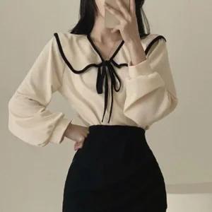 [라일리여성의류] Rly 러 카라 배색 블라우스 리본 퍼프소매 긴팔 여성