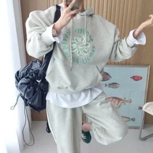 클리프 플라워 레터링 프린팅 후드 맨투맨 밴딩 포켓 조거팬츠 기모 트레이닝 세트 (3color)