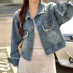 [하프클럽/]데일리룩 레이디스 세미크롭 헤짐 수술 투포켓진소재 청 상의자