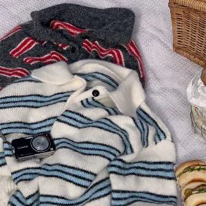 핫핑 [울함유/여리루즈핏] 노엔 배색스트라이프 카라 긴팔니트티