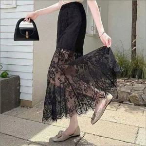 [하프클럽/]여성 레이스 시스루 레이어드 롱스커트 페미닌 롱치마 2색