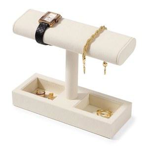 우드텐 마이크로파이버 시계 디스플레이 스탠드 남녀용 T-바 링 귀걸이 상점 및 가정용 주얼리 팔찌 손목시계 정리함 (베이지)