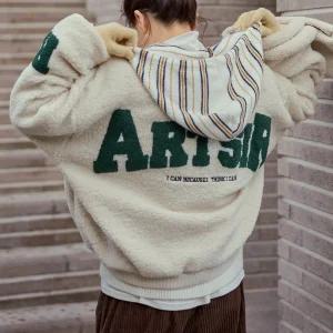 레터링 플리스 양털 집업 점퍼 노카라 오버핏 여성 빅사이즈