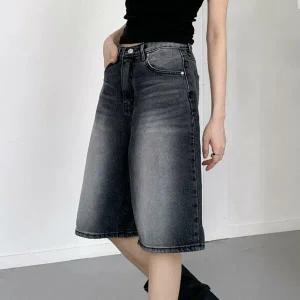 여자 블랙진 워싱 와이드 버뮤다 5부 논스판 청반바지_3