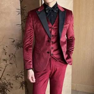 토르 남성 레드벨벳정장 3 종 세트 정장+조끼 양복 바지 가을 겨울 드레스 힛템