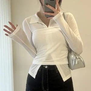 [옷자락]여자 레이어드 셔링탑 슬림 카라넥 긴팔티셔츠 세트