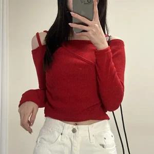 [옷자락]여자 레이어드 크롭 오프숄더 리본 빨간니트 티셔츠