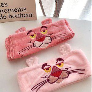 머리핀 헤어밴드 머리끈  핑크 팬더 머리띠 헤어 밴드 코랄 플리스 소프트 워시 페이스 여성 터번 만화 소