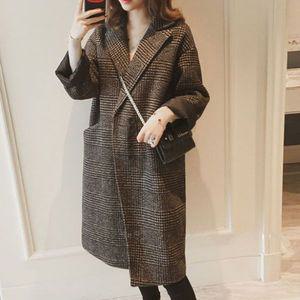 여성 봄가을 간절기 클래식 모던 체크패턴 롱코트 루즈핏 포켓 모직자켓 아우터 베이직 심플