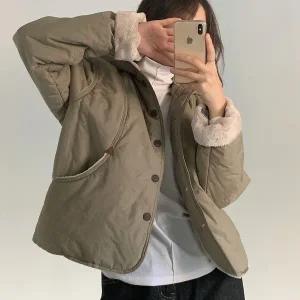 [하프클럽/]여자 후디 짧은 야상패딩 부드러운 버튼 점퍼