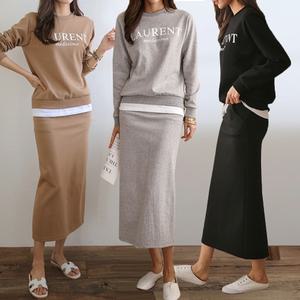 여성 88까지 면 레터링 레이어드 맨투맨 H라인 롱스커트 세트 꾸안꾸 투피스 셋업 -WSST0097- 봄 가을