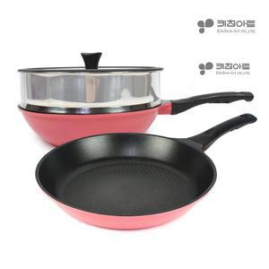 키친아트 본 핑크 스티머 4종 세트 / 프라이팬+궁중팬+스티머+실리콘유리뚜껑 모두 28cm