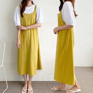 [기타]여성 여름 레이어드 면 무지 나시 롱 원피스 민소매 앞치마 OP0348S 빅사이즈 루즈핏