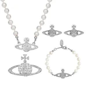 Dreuyet 4피스 라인스톤 플래닛 토성 진주 초커 목걸이 팔찌 귀걸이 브로치 핀 주얼리 세트 여성용 참 인조
