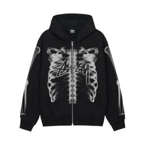 [정품 보증] Stussy Rib Cage Zip Hoodie Black White 스투시 립 케이지 후드 집업 블랙 화이트