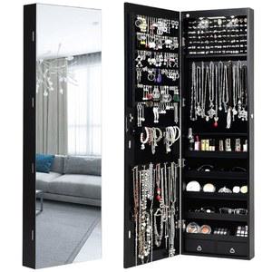 전신 거울, LED 2개, 열쇠 메이크업 파우치, 팔찌 막대, 서랍 벽문 장착, 침실용 풀스크린 주얼리 캐비닛(블랙) 포함 오제스터 캐비닛
