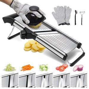 만돌린 푸드 슬라이서, 스테인리스 스틸 조절식 야채 주방용 만돌린, 도마, 프로세서, 파싱 나이프, 브러시 및 절단 방지 장갑 포함