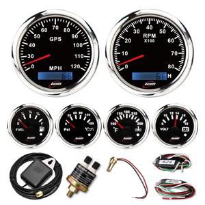 RACETECH 6 게이지 계기판 85mm GPS 속도계 120MPH 및 타코미터 8000 RPM 간단한 52mm 연료유 수온계 블랙 다이얼 7색 필터 12V/24V 자동차 해양용