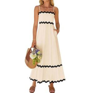 제시카 여성용 2025 여름 스파게티 스트랩 슬리브리스 백리스 선드레스 플로이 스모크 레이스 스윙 A 라인 미디 드레스