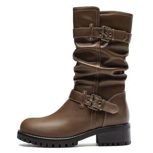 넓은 발가락 상자를 가진 여성용 도볼린 미드 송아지 부츠 버클 라운드 발가락 드레스 부츠 낮은 청키 힐을 가진 여성용 오토바이 바이커 라이딩 부츠