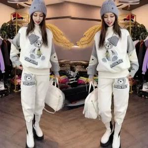 기모 두꺼운 하이넥 스웨트셔츠 세트 여성용 캐주얼 운동복 곰 자수 두 피스