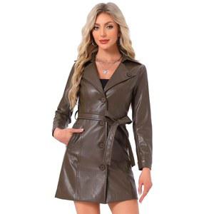 여성용 노치 라펠 칼라 PU 트렌치코트용 알레그라 K 인조 가죽 롱 재킷