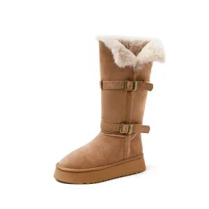 피카소 여성용 편안한 키높이 니하이 스웨이드 퍼 버클 통굽 롱부츠