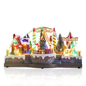천순 크리스마스 빌리지 하우스 뮤지컬 수집품 건물 회전식 기차 캐러셀 트리, LED 조명이 있는 휴가 마을, USB 실내 피규어 탁상 장식