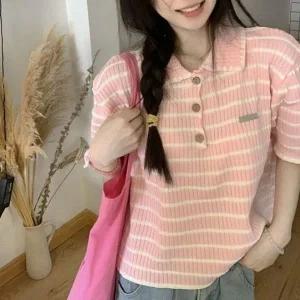 [하프클럽/]벨롱 스트라이프 넥카라 하프슬리브프리미엄 상의