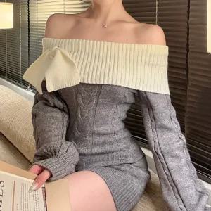 채핏 마엘 리본오프니트 원피스 섹시 글램 미니 ops 긴팔 니트 꽈배기 리본 오프숄더 러블리 데일리룩