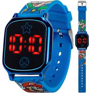 Accuteime 슈퍼 마리오 키즈 터치 활성화 LED 시계 - 디지털 시간 디스플레이, 블루 합금 케이스, 부드러운 실리콘 스트랩, 재미있는 마리오 & 루이지 디자인 - 손목에 5.5인치에서 8인치까지 맞습니다