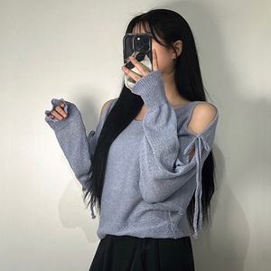 여성 시스루 어깨트임 리본 부클 니트 티 3color 여자 오프숄더 루즈 여리 핏 블랙 소라 화이트 여름 긴팔