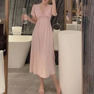 실크 반팔 레이스 롱슬립 잠옷 란제리 원피스 슬립