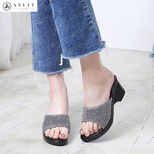 [기타][애슬릿] 여성 발 편한 반짝이 굽 높은 뮬 슬리퍼 힐