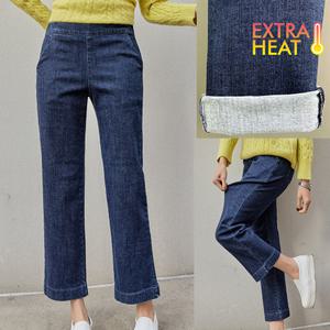 여성 겨울 따뜻한 기모 스판 와이드핏 밴딩 청바지 고무줄 옆트임 데님 키작진 아줌마 청바지