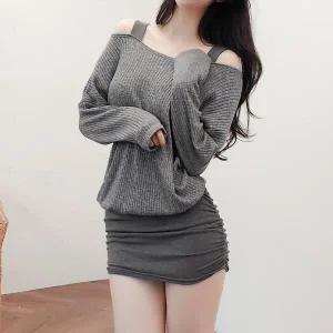 /옷자락 여자 골지 스트랩 오프숄더 초미니 원피스