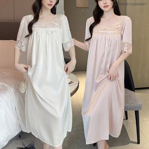 이너퀸 프리수 여성용 란제리 실키 사틴 레이스 반소매 롱 슬립 원피스 홈웨어 잠옷 이지웨어 2208반팔슬립