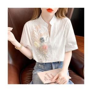 펀칭블라우스 여성용 봄 여름 코튼 여성펀칭 자수 레이스 블라우스 오픈카라셔츠