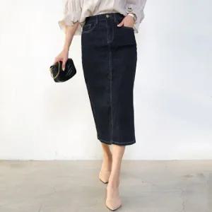 [헤이올리](44~77)재입고/ 데님스판히든밴딩 생치청H라인뒷트임스커트SH1089