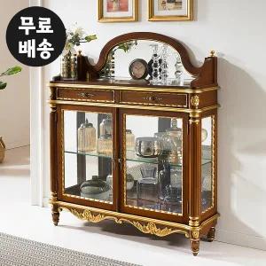 [벤티스가구]휴 골드 엔틱 장식장 원목 진열장 거실 인테리어 술 장식장 유리 수납장 양주 가구 2단