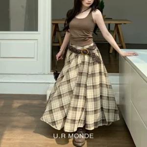 [유아몽드]에스닉 비대칭 밴딩롱스커트 체크 플리츠 롱치마 플레